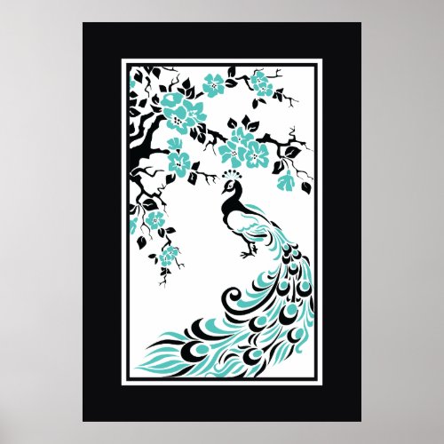 Black aqua white peacock and cherry blossoms poster