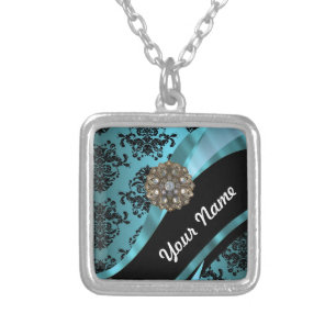 Black & aquamarine damask silver plated necklace