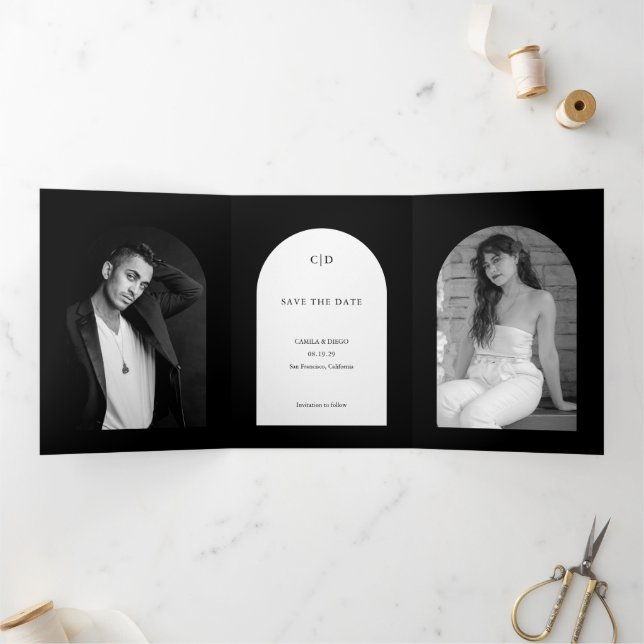 Black Arch Photo Wedding Save the Date Tri-Fold Announcement (Inside)