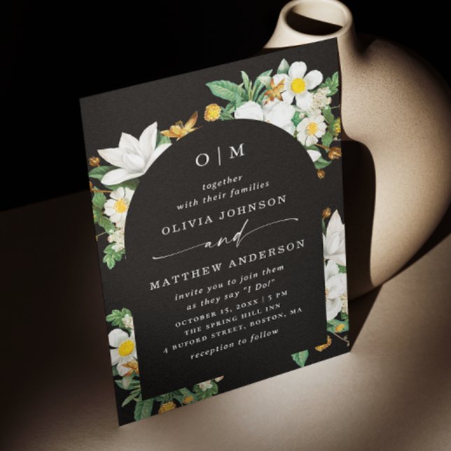 Black Arch Wedding. Elegant Bloom Floral + QR Code Invitation (Creator Uploaded)
