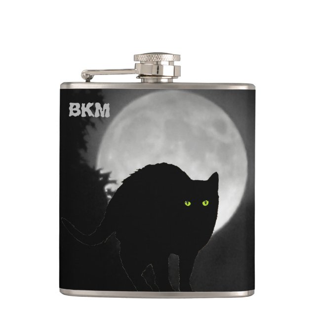 Black Arching Cat at Moonrise Hip Flask (Front)