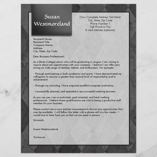 Black Argyle Custom Cover Letter Template (Front)
