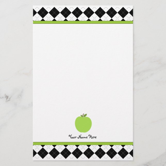 Black Argyle Green Apple Personalized Teacher Stationery (Front)