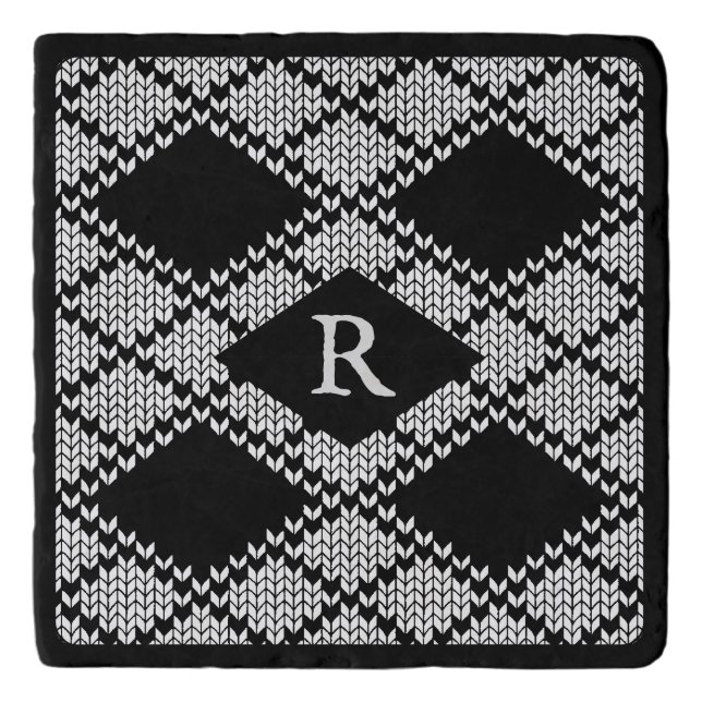 BLACK ARGYLE KNIT Marble Stone Trivet + Initial (Front)
