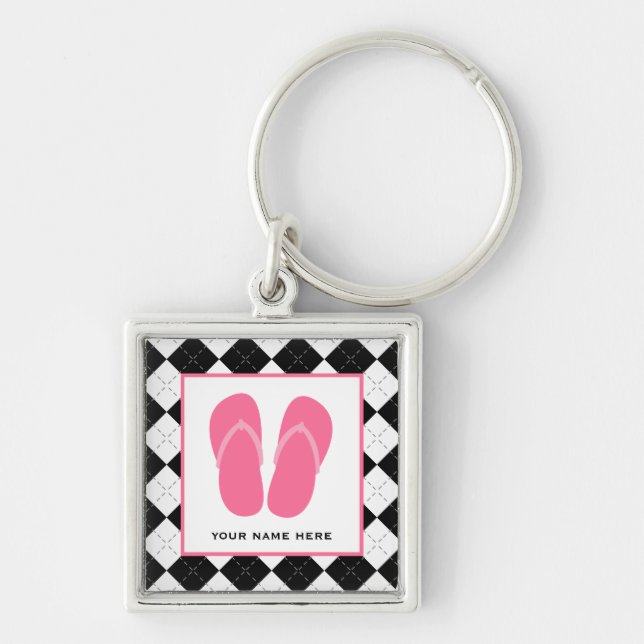 Black Argyle & Pink Flip Flops Keychain (Front)