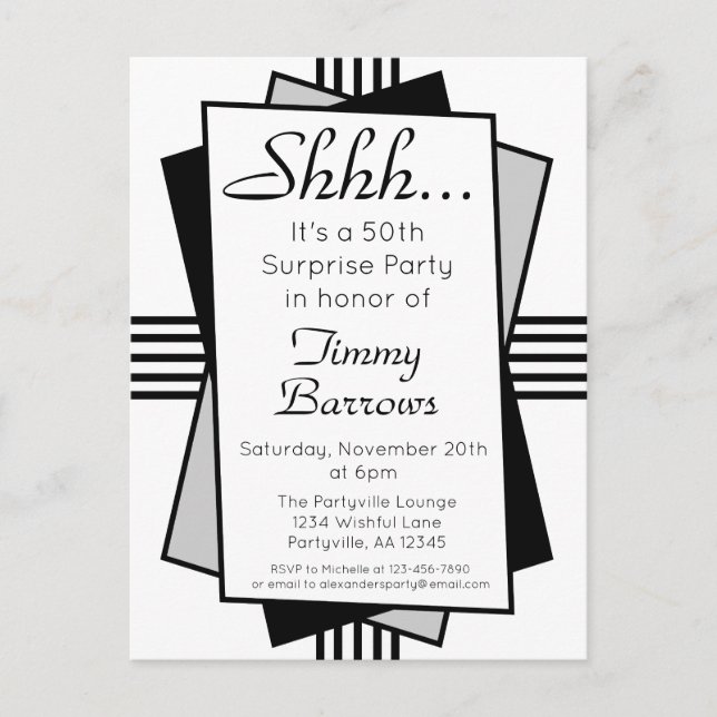 Black Art Deco 50th Surprise Party Birthday Invitation Postcard (Front)
