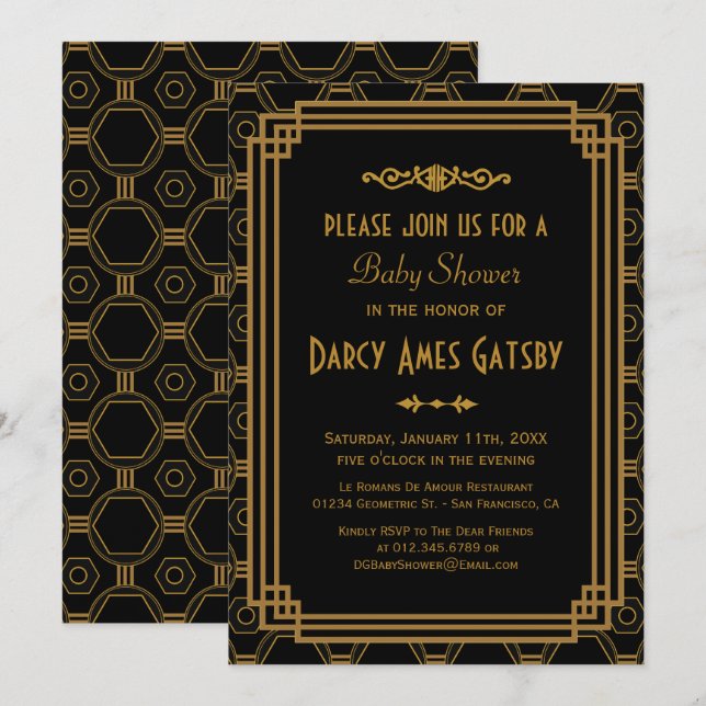 Black Art Deco Baby Shower Invites (Front/Back)