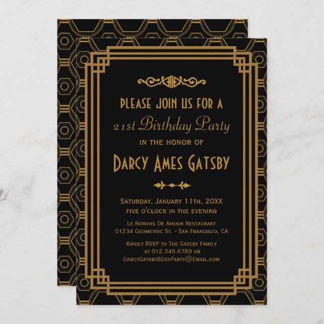 Black Art Deco Birthday Party Invites (Front/Back)