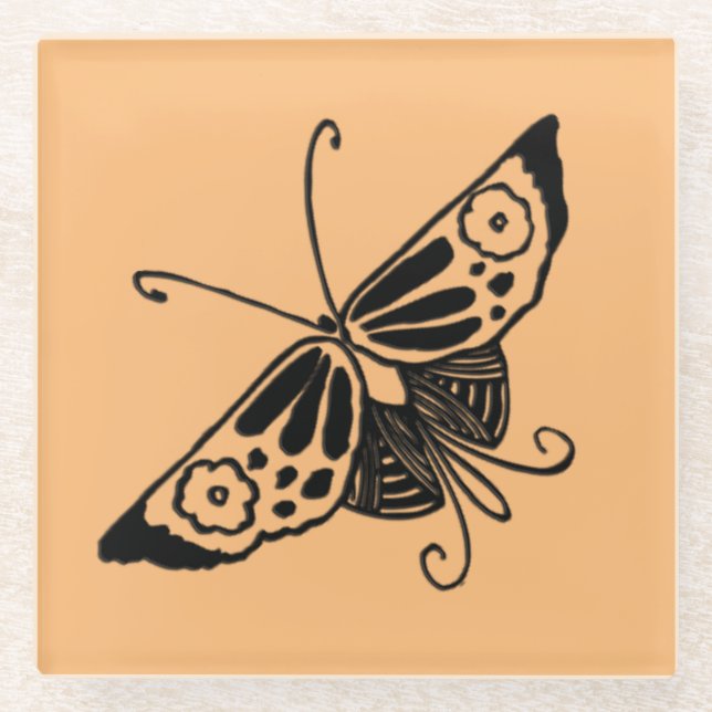 Black Art Deco Butterfly - Customizable Background Glass Coaster (Front)