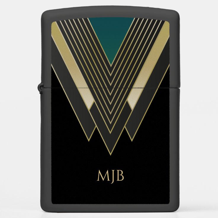 Black Art Deco Geometric Pattern with Monogram Zippo Lighter Zazzle