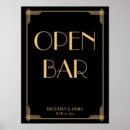 Black Art Deco Gold Wedding Open Bar Sign 18x24