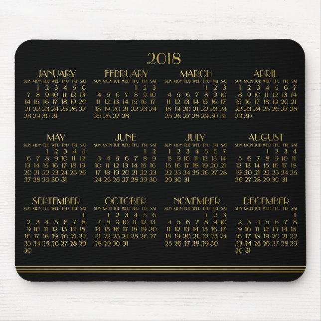 Black Art Deco Gold Yearly Calendar 2018 Mousepad (Front)
