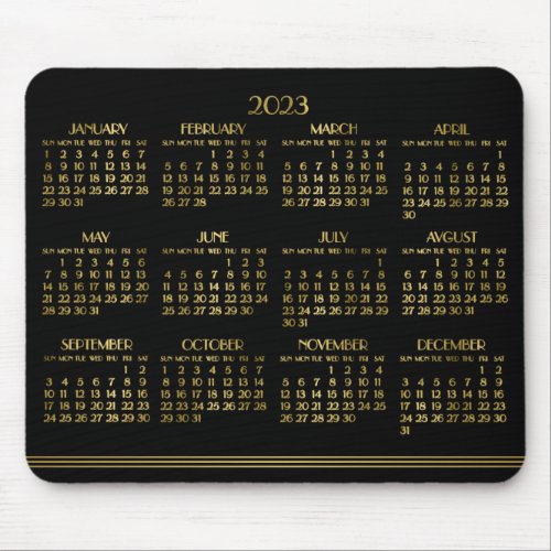 Black Art Deco Gold Yearly Calendar 2023 Mousepad