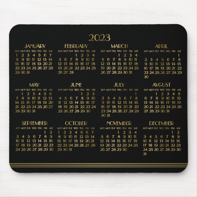 Black Art Deco Gold Yearly Calendar 2023 Mousepad (Front)