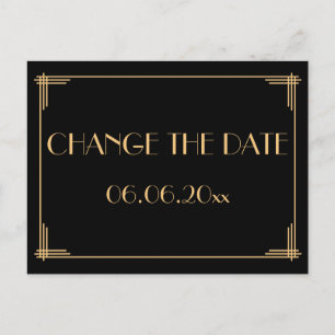 Black Art Deco Great Gatsby Change The Date Announcement Postcard