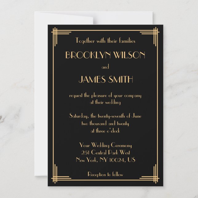 Black Art Deco Great Gatsby Magnet Wedding Invites (Front)