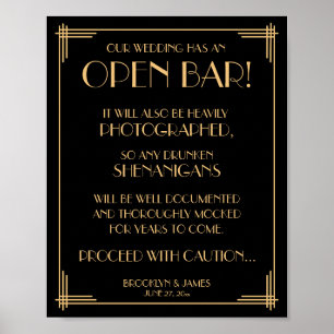 Black Art Deco Great Gatsby Open Bar Sign 8x10