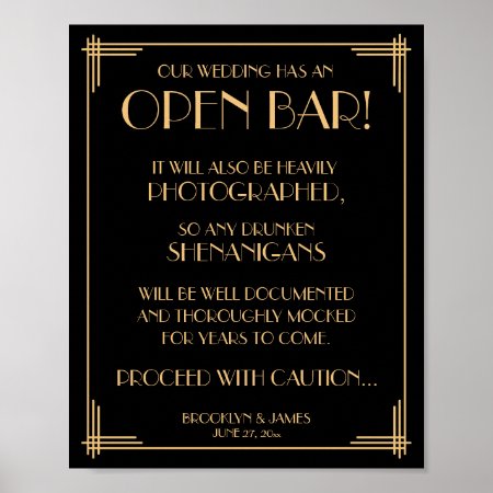 Black Art Deco Great Gatsby Open Bar Sign 8x10