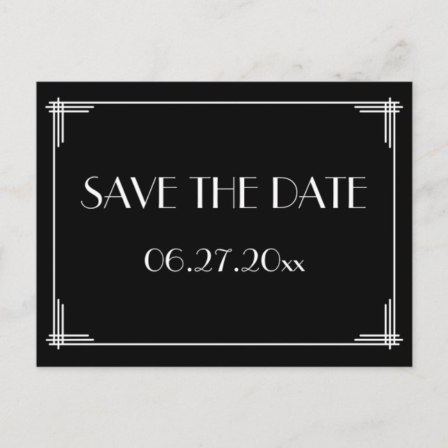 Black Art Deco Great Gatsby Save The Date Postcard (Front)