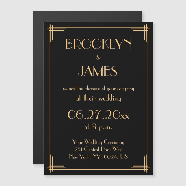 Black Art Deco Great Gatsby Wedding Invitatation Magnetic Invitation (Front/Back)