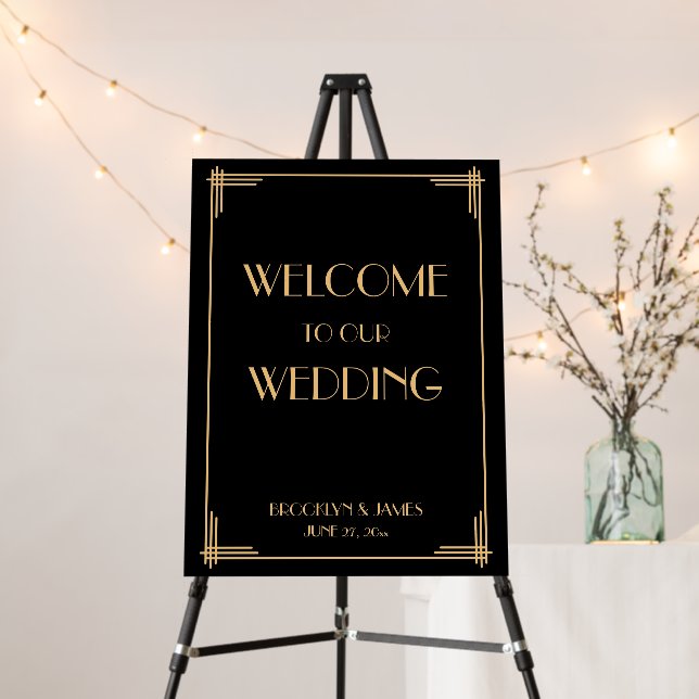 Black Art Deco Great Gatsby Wedding Reception Sign (In Situ (Stand))