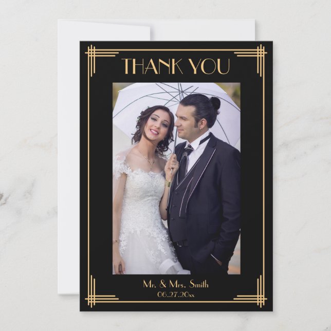 Black Art Deco Great Gatsby Wedding Thank You Card (Front)