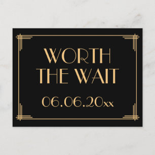 Black Art Deco Great Gatsby Worth The Wait Announcement Postcard
