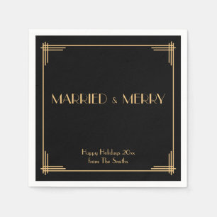 Black Art Deco Married And Merry Christmas Napkins