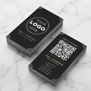 Black Art Deco Minimal QR Contact Design Business Card
