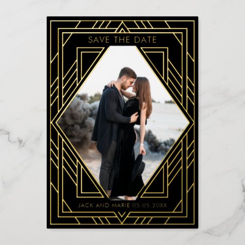 Black Art Deco Modern Save the Date  Foil Holiday Card