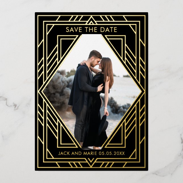 Black Art Deco Modern Save the Date  Foil Holiday Card (Front)