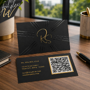 Black Art Deco Monogram Gold Foil Spot Gloss Business Cards
