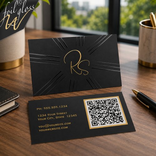 Black Art Deco Monogram Gold Foil Spot Gloss Business Cards