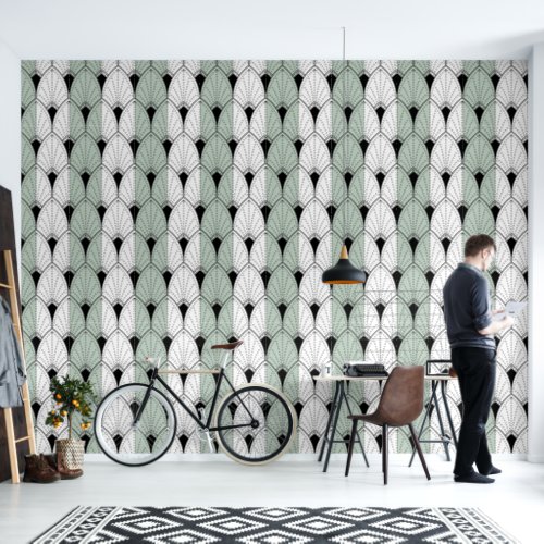 Black Art Deco Pattern on sage green white stripes Wallpaper