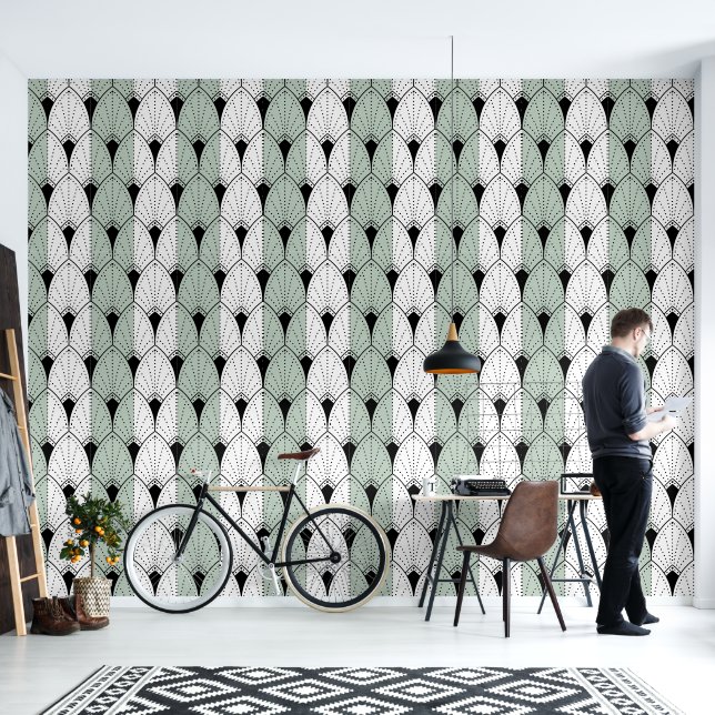 Black Art Deco Pattern on sage green white stripes Wallpaper (Living Room)