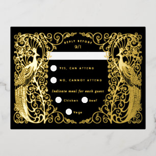 Black Art Deco Peacocks Gold Foil Rsvp Card