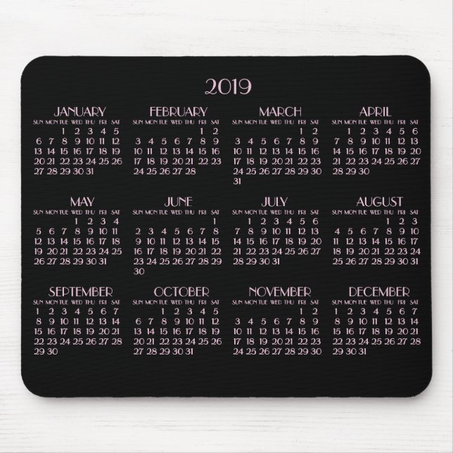 Black Art Deco Pink Yearly Calendar 2019 Mousepad (Front)