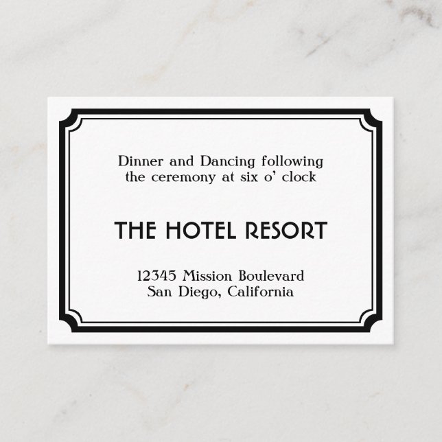 Black art deco retro wedding reception enclosure card (Front)