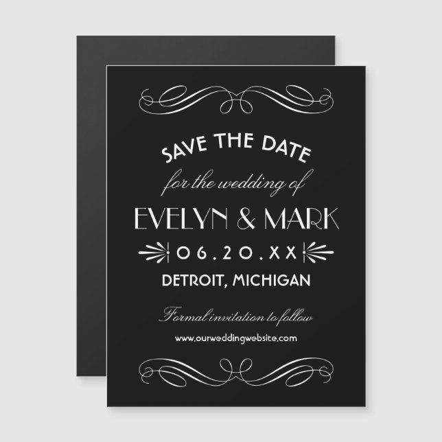 Black Art Deco Scrollwork Save Date Magnet (Front/Back)