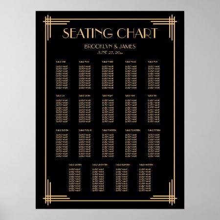 Black Art Deco Wedding Seating Chart 19 Tables