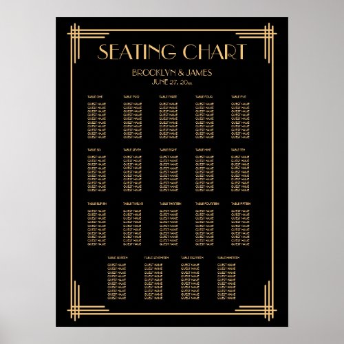 Black Art Deco Wedding Seating Chart 19 Tables