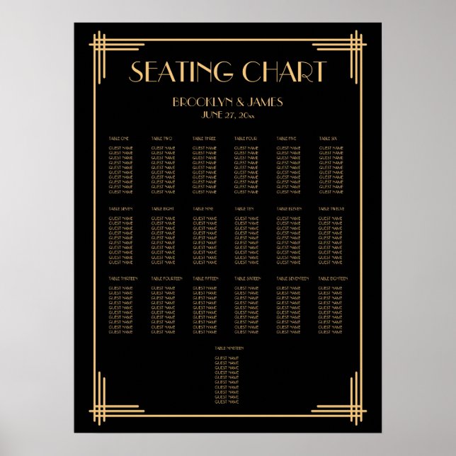Black Art Deco Wedding Seating Chart Poster (Front)
