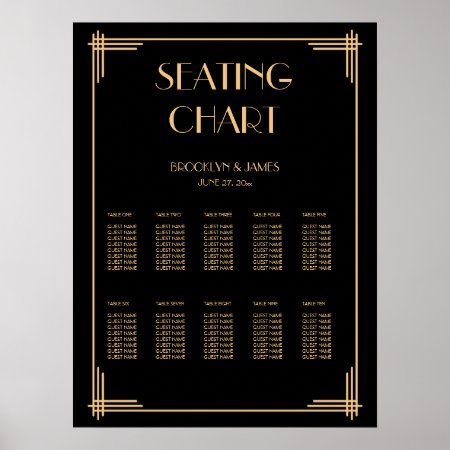 Black Art Deco Wedding Seating Chart Poster 18x24