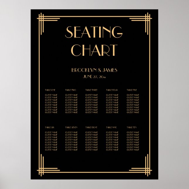 Black Art Deco Wedding Seating Chart Poster 18x24 (Front)