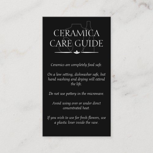 Black Art Pottery Vase Ceramic Caring Instruction Business Card