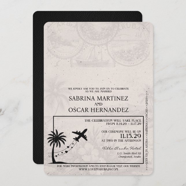 Black Aruba Passport Wedding Invitation (Front/Back)