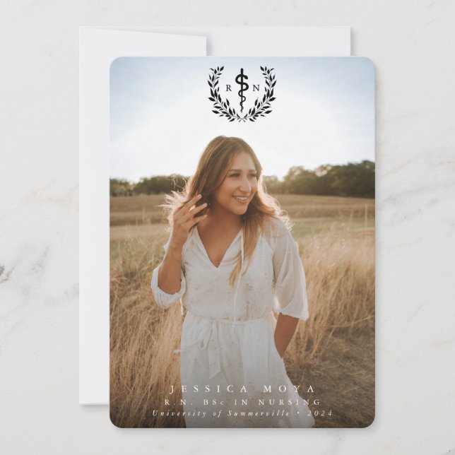 Black Asclepius RN Registered Nurse Graduation Announcement (Front)