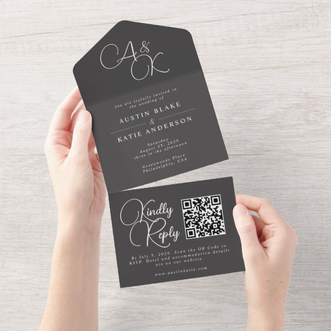 Black Ash White Monogram Script Minimalist QR Cod All In One Invitation (Tearaway)