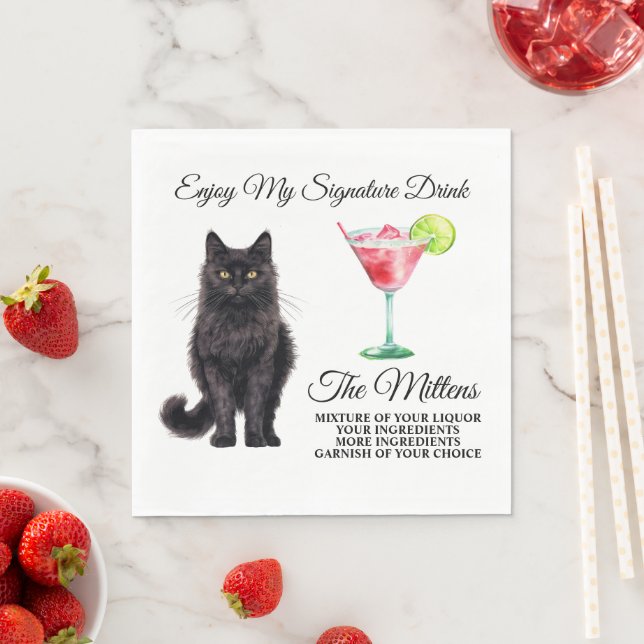 Black Asian Cat Signature Drink Wedding pet Napkins (Insitu)