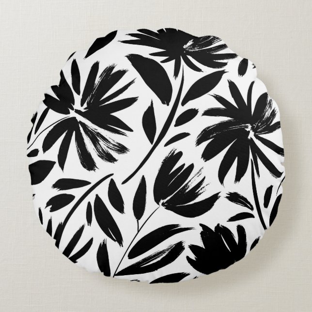 Black aster: vintage chrysanthemum pattern round pillow (Front)